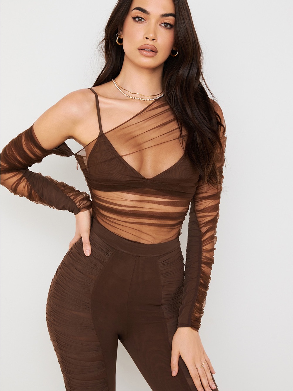 House of CB Chocolate Brown Asymmetrical Sheer Ruched Dress